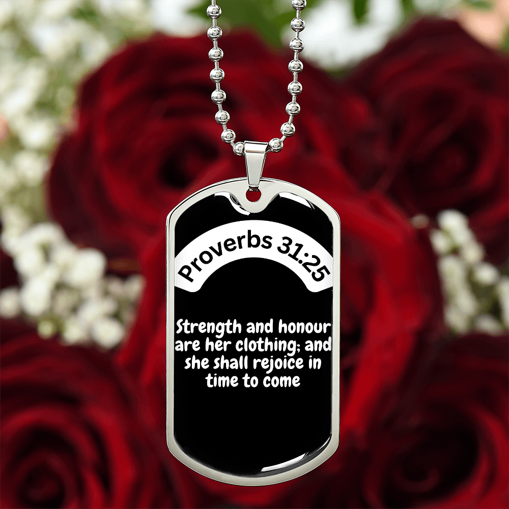 Proverbs 31:25 Dog Tag Necklace