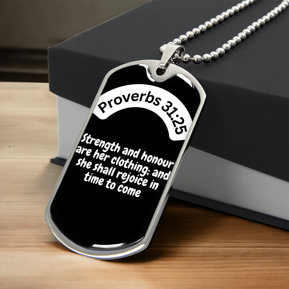 Proverbs 31:25 Dog Tag Necklace